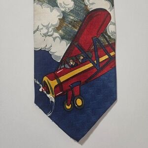 Beans McGee Flight Over Mt McKinley Biplane Aviation Novelty Tie‎ Blue Red Mens